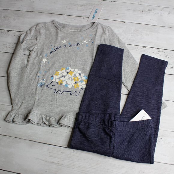 Carter's Toddler Girl's Size 3T Knit Denim Jean Blue Leggings Hedgehog - Picture 2 of 9